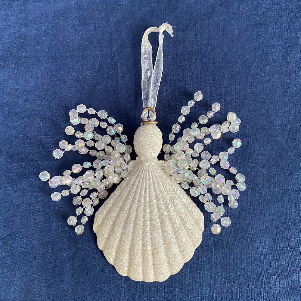 2 for $20 Angel Ornaments – 1 Carved Wood + 1 Sparkly Shell with Beaded Wings - Picture 3 of 14